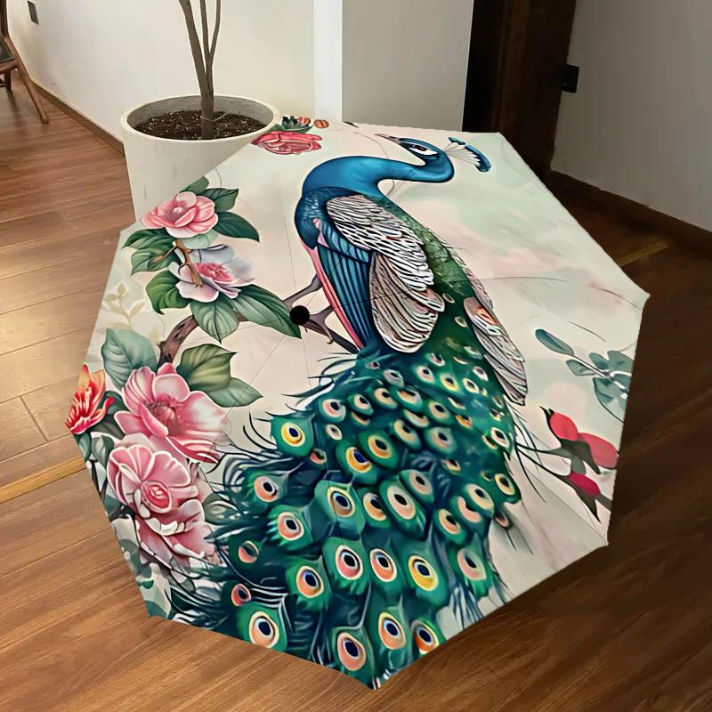 1PC Peacock Flowers Automatic Open/Close Umbrella with Windproof, 8-Rib Sturdy Canopy, Durable Ribs, Fashionable Design,1297a