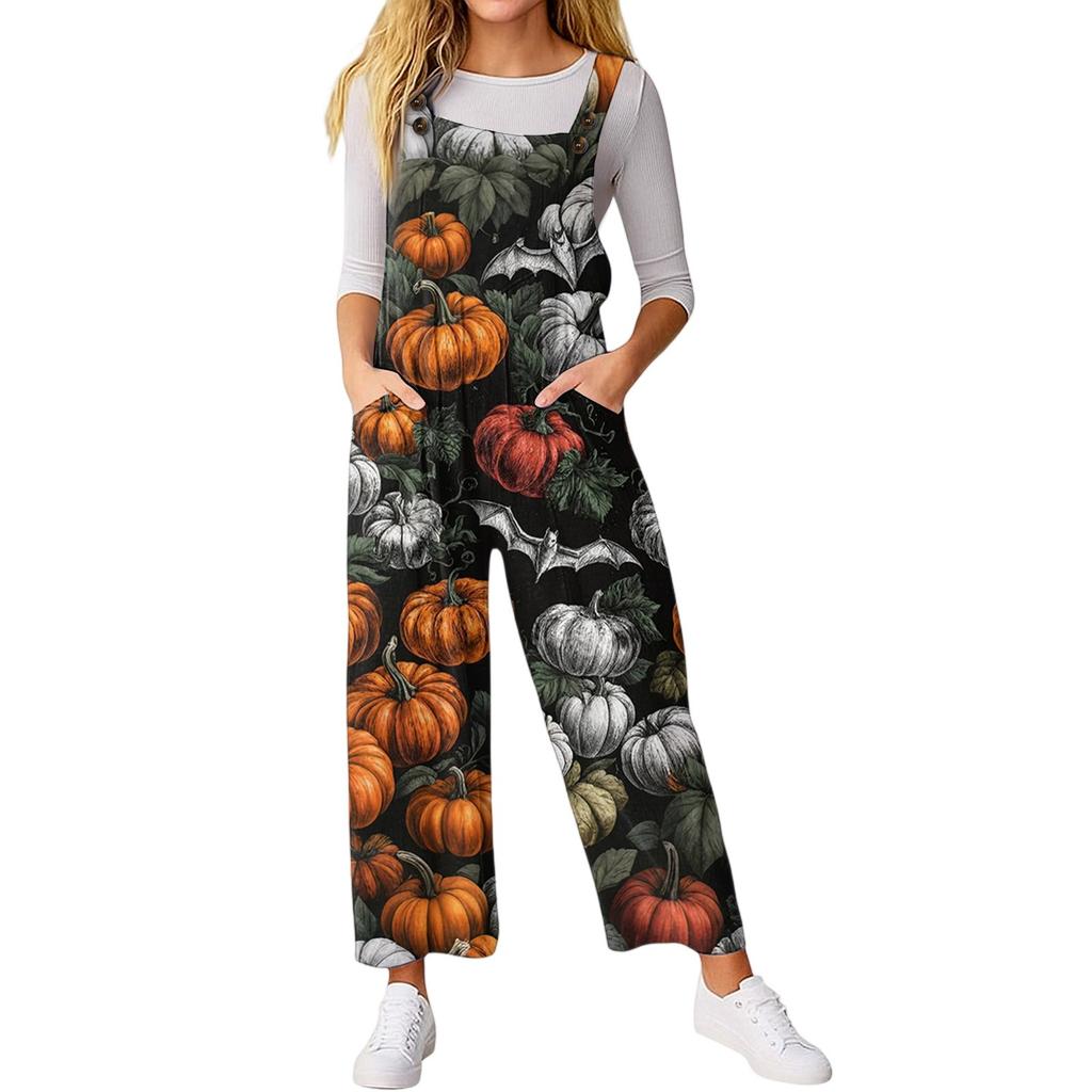 Women’s Loose Casual Sleeveless Jumpsuit Halloween Printed Jumpsuit Printed Jumpsuit