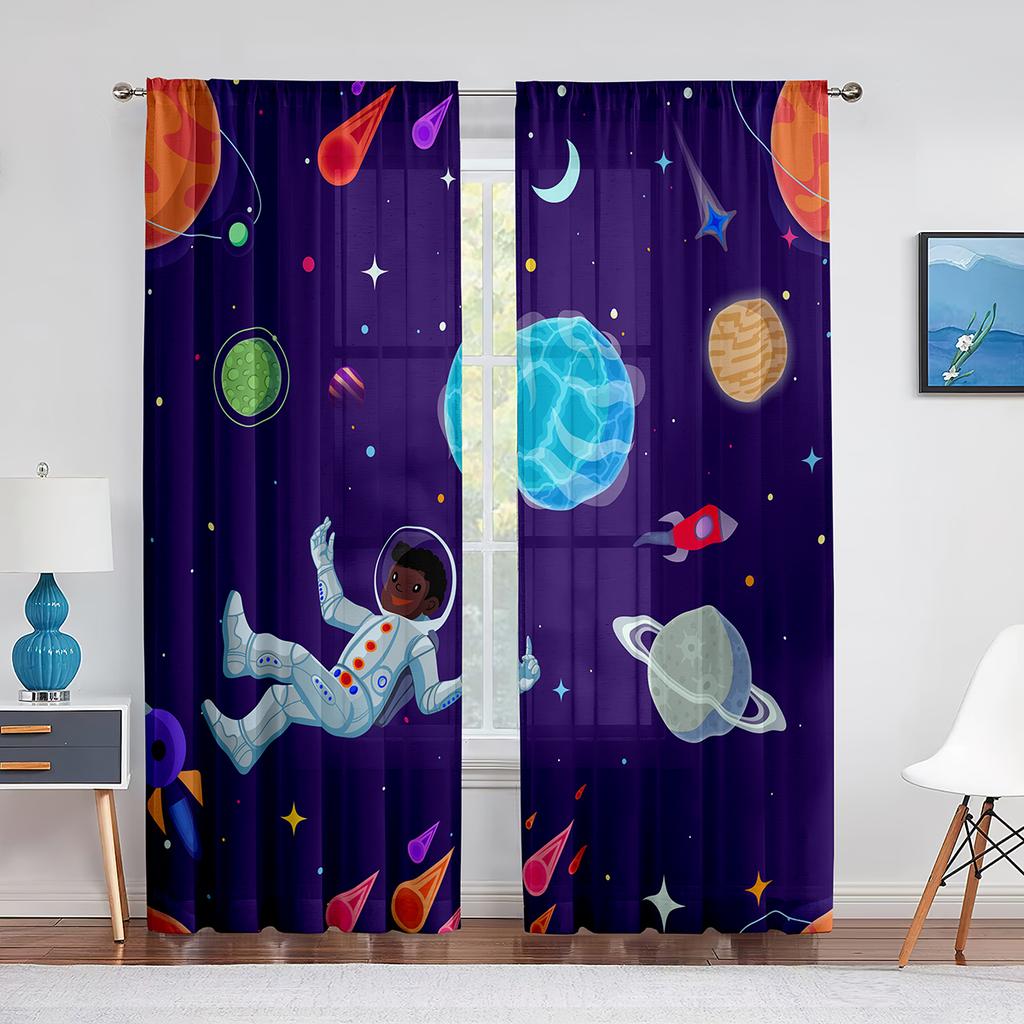 Tecknad Yttre Rymden Raket Planet Tyll Skira Fönstergardiner för Vardagsrum Pojkar Barn Sovrum Tyll Voile Gardiner Draperier Dekor