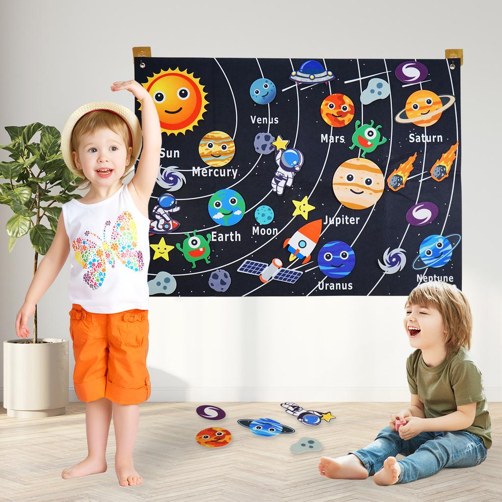 Montessori Space Educational Toy - Solar System Felt Board with Hanging Planets for Storytelling & STEM Learning