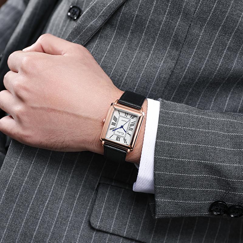 Herren Retro Quadratische Quarz Uhr, Römische Ziffern Lederarmband Armbanduhr für Business Casual