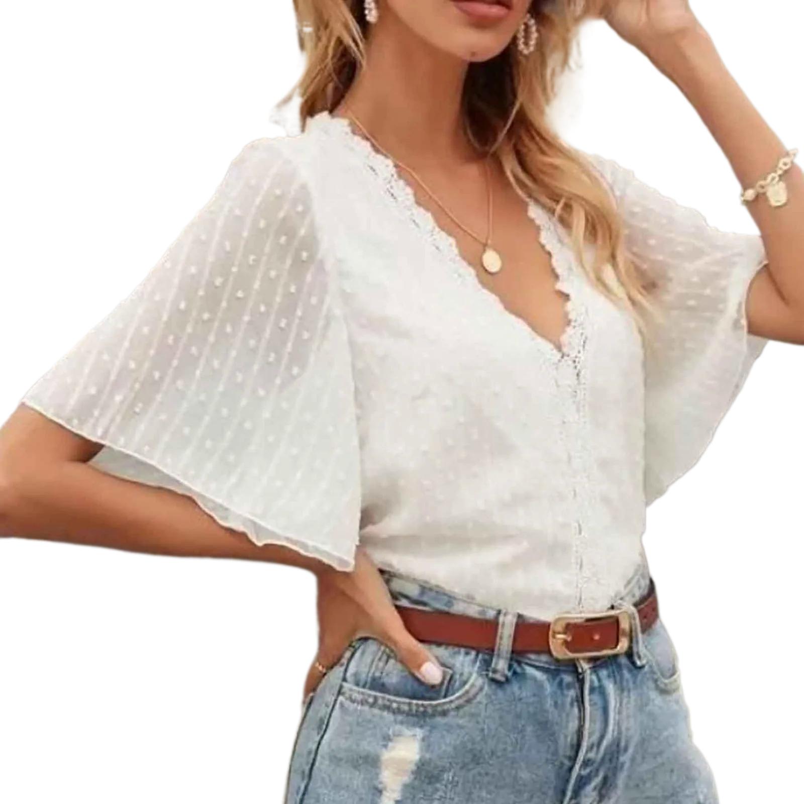 

Женские повседневные топы, формальная повседневная кружевная шифоновая футболка с цветочным принтом, милая сексуальная прозрачная футболка с короткими рукавами XL белый