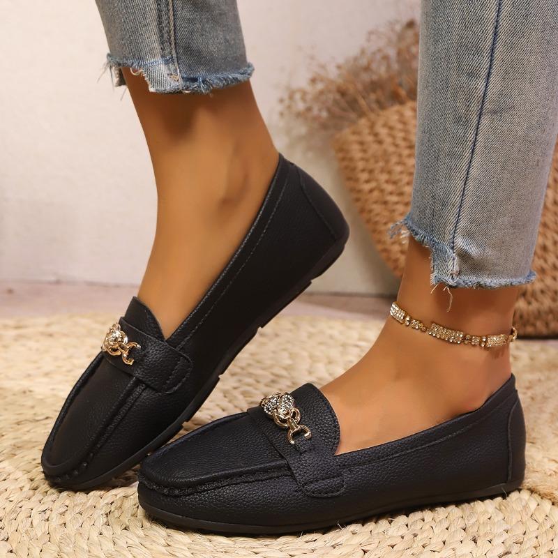 Women's Flat Shoes Autumn New Round Head Deep Mouth Metal Buckle Soft Sole Anti-slip Wear-resistant Low-top Shoes