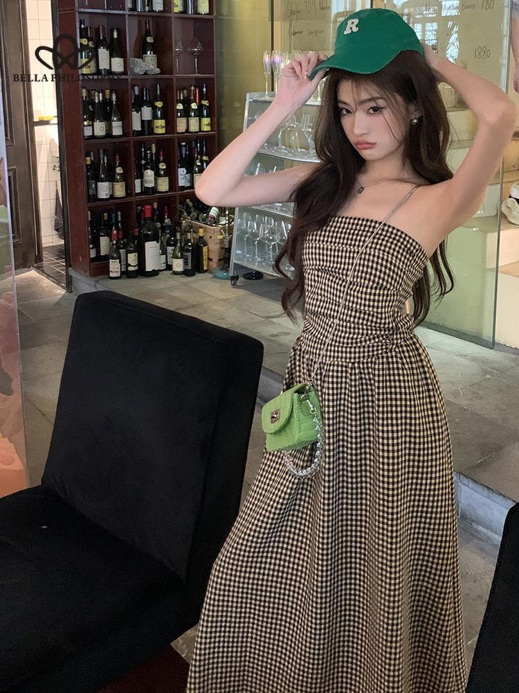Letní nové kostkované bez ramínek Středně dlouhé úzké elegantní šaty pro ženy Ležérní elegantní plážové párty dlouhé šaty
