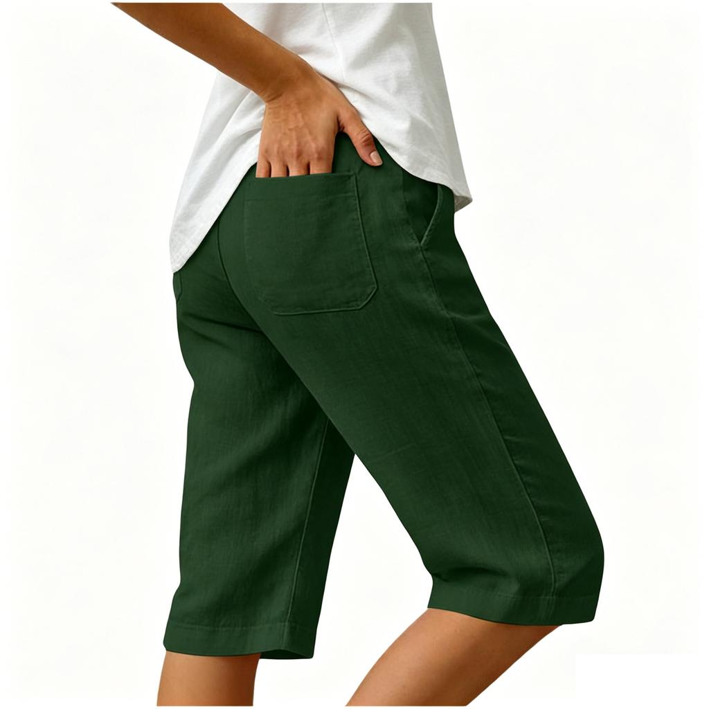 Women's Summer Fashion Elastic Waist Cotton Linen Five Quarter Pants Casual Loose Pocket Shorts