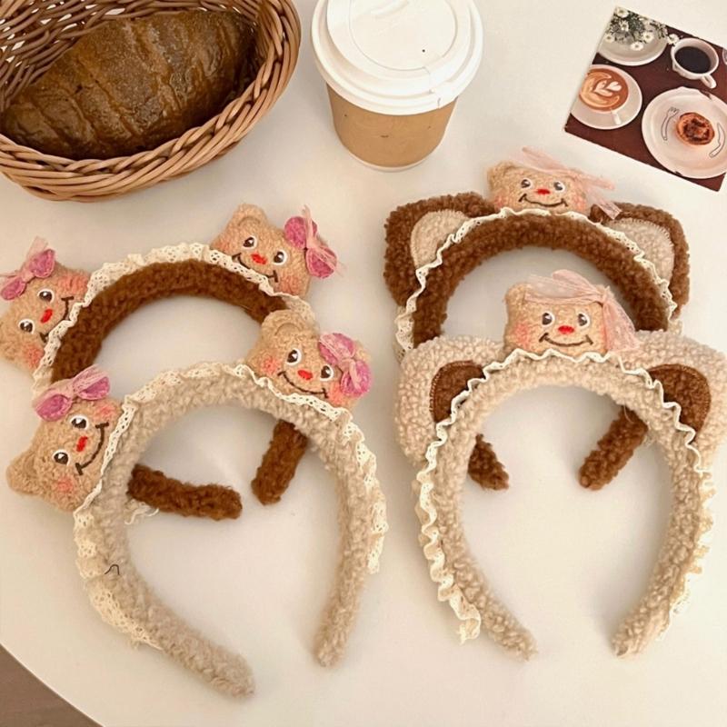 Lace Plush Bear Hairhoop for Adult Children Theme Party Props Cartoon Bear Headband for Women Face Washing Kids Birthday