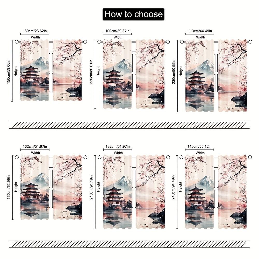 2 szt. Japońskie Zasłony z Motywem Kwitnącej Wiśni i Góry Fuji do Sypialni Salonu Biura Wystroju Domu Design z Tunelami na Drążek