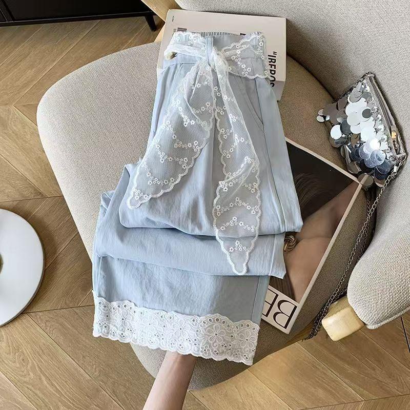 Women s High-Waisted Blue Lace Bow Wide-Leg Cropped Pants M (Suggest 80-100)
