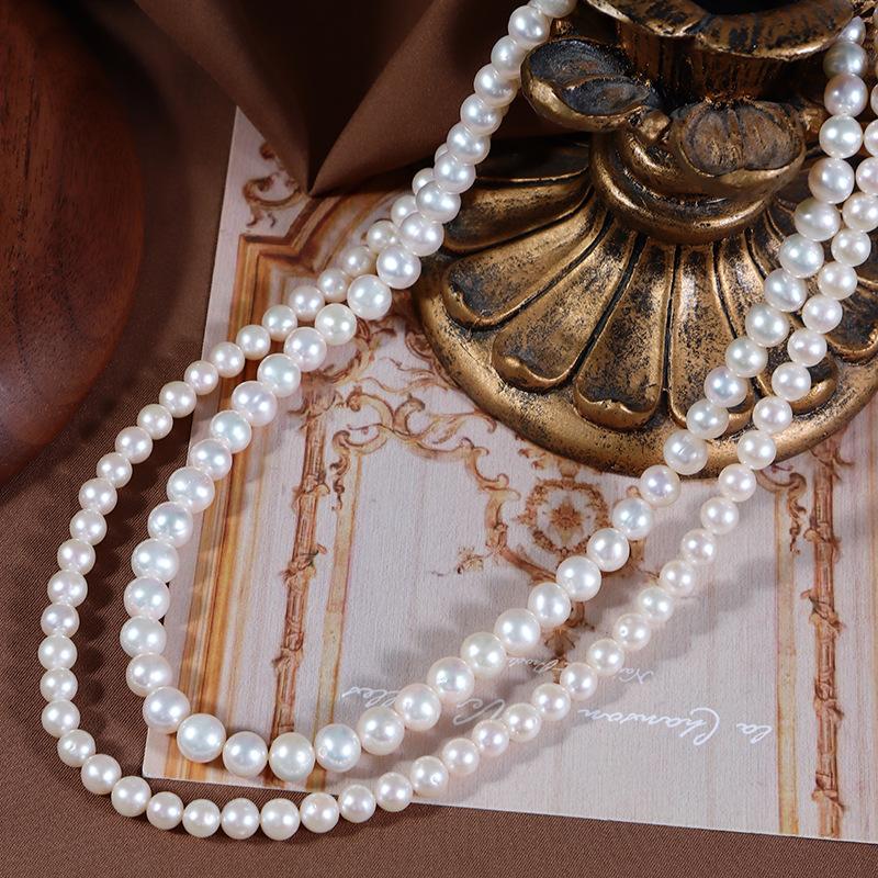 Double-Layer Necklace Natural White Freshwater Pearl Nearly Circular Clavicle Chain S925 Solid Sterling Silver Inlaid Zircon