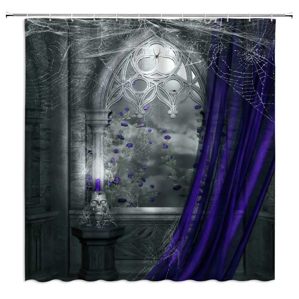 Gothic Shower Curtain Vintage Castle Rose Flower Spider Web Skull Skeleton Horror Halloween Retro Bathroom Decor Fabric Curtain W60H190(CM)-1 Pcs