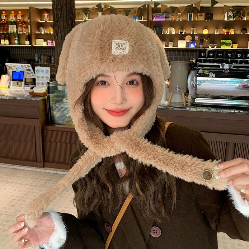 Winter Warm Fleece Hat Neck Warm Thermal Plush with Puppy Ear Fashion Ladies Beanie Hat One Size хаки