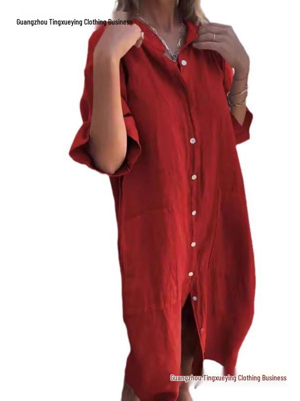 2026 Europäisches & Amerikanisches Frühling/Sommer Lockeres Casual Mittellanges Baumwoll-Leinen Hemdkleid für Damen