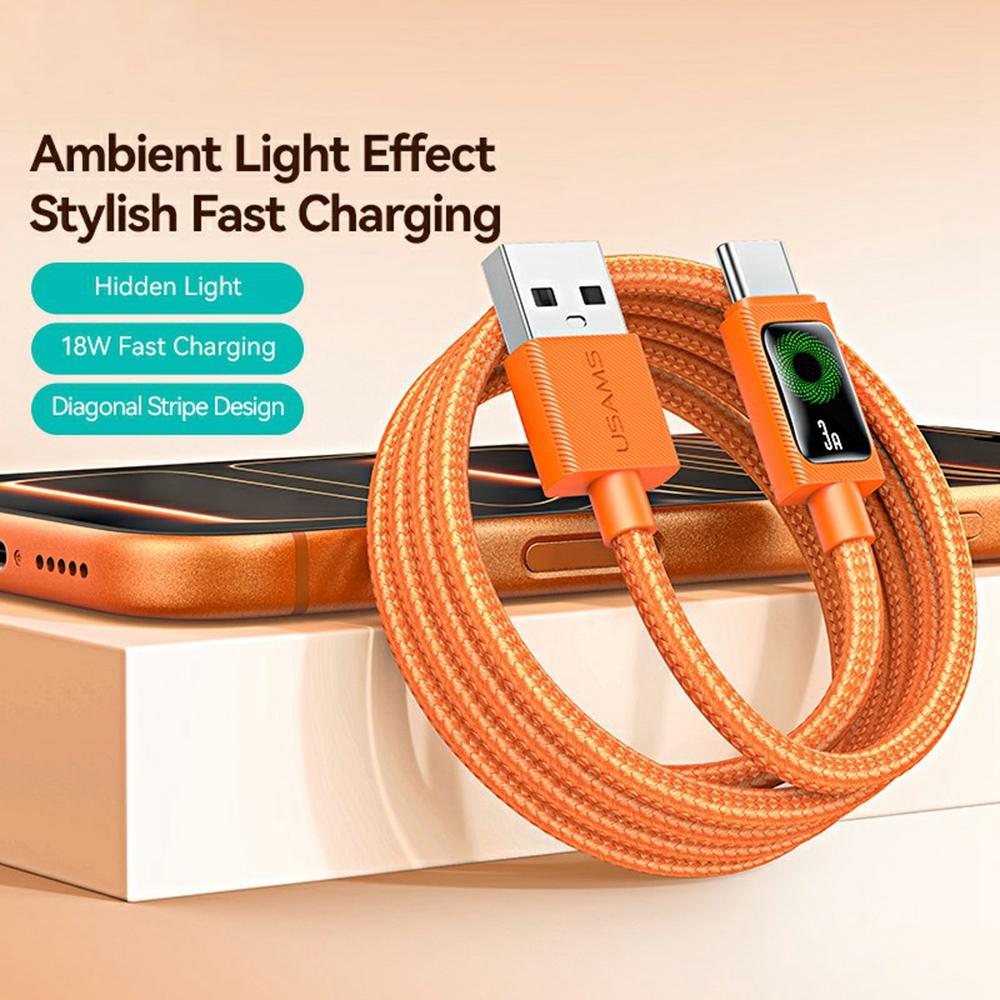 USAMS SJ772 U92 1.2m Type-C Cable 18W Fast Charging USB-A to USB-C Data Transfer Cord with LED Light