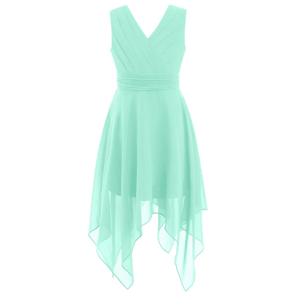 Fließendes einfarbiges Chiffonkleid für Mädchen V-Ausschnitt Ärmellos Asymmetrischer Saum Plissierte Taille Partyauftrittskleid