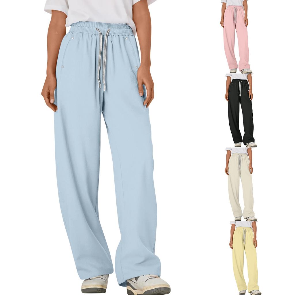 Women's Multi Pocket Drawstring Straight Tube Slimming, Wide Leg Mopping, Solid Color Pants