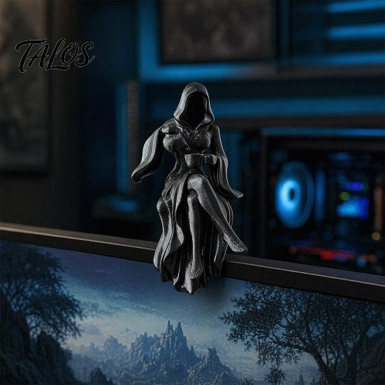 Grim Reaper Figurine Gothic Hooded Lady Figurine, 3D Printed Dark Fantasy Shelf Sitter, Elegant Mysterious Black Robed Women Pouring Tea Sculpture for