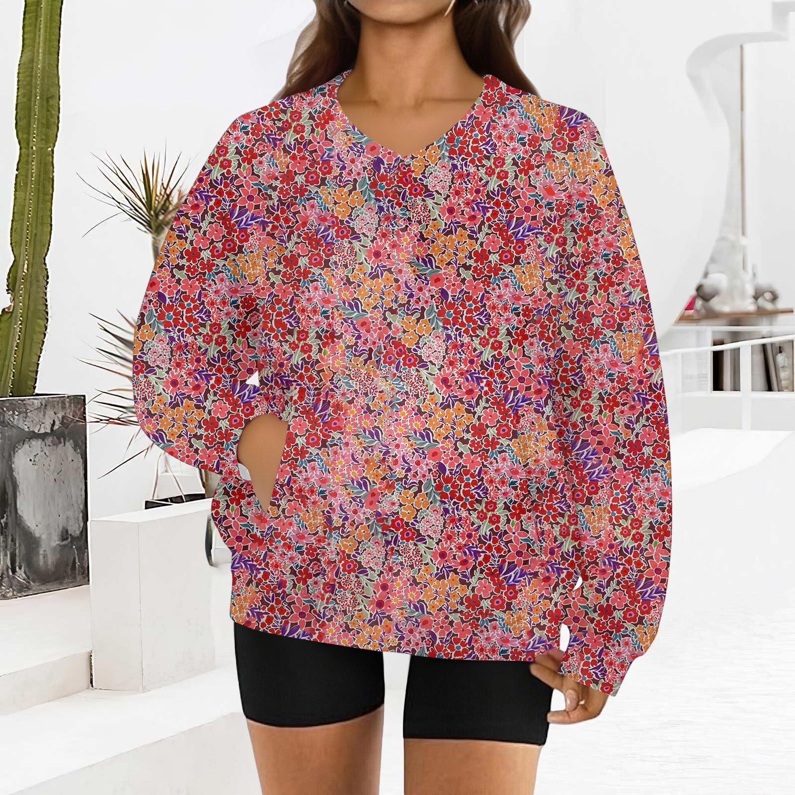 

Женский модный ретро свитшот с длинными рукавами и V-образным вырезом с цветочным принтом XXL красный