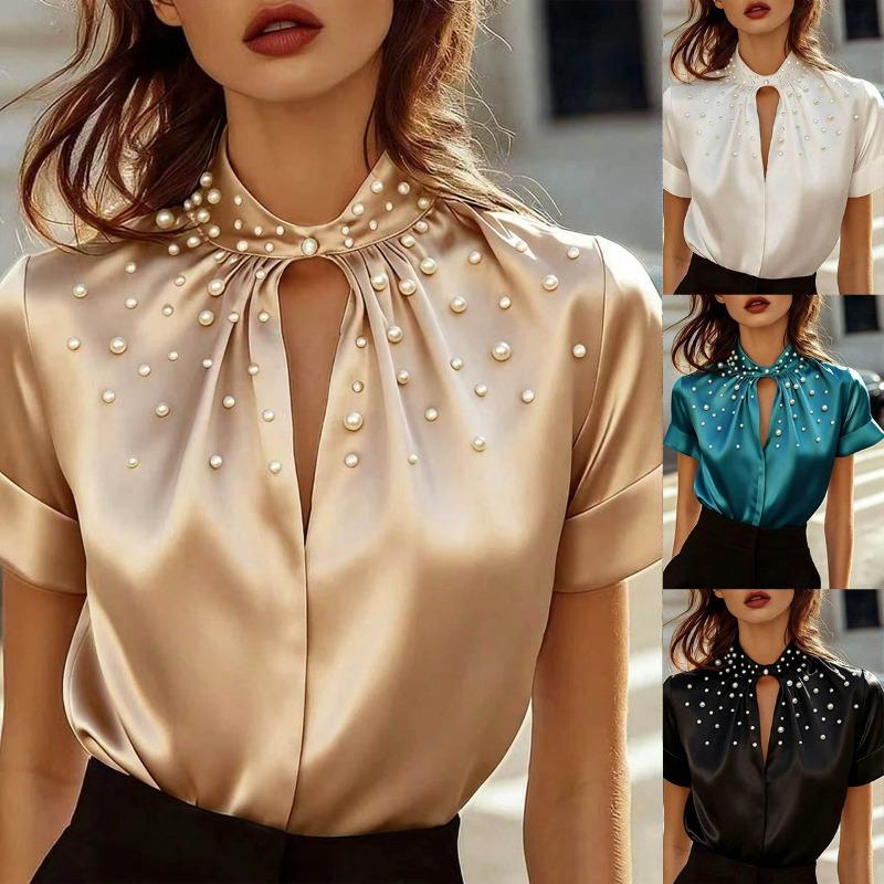 Women S Fashion Satin Short Sleeve Beaded Casual Shirt