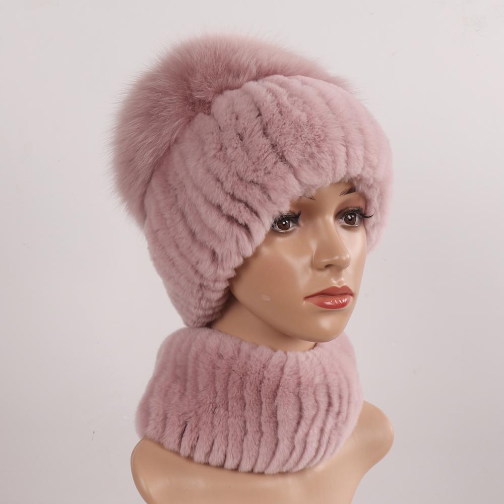 2 Pieces Real Rex Rabbit Fur Hat Scarf Knitted Real Rabbit Fur Cap Scarves For Women Winter Luxury Warm Top Fox Fur Hats Muffler