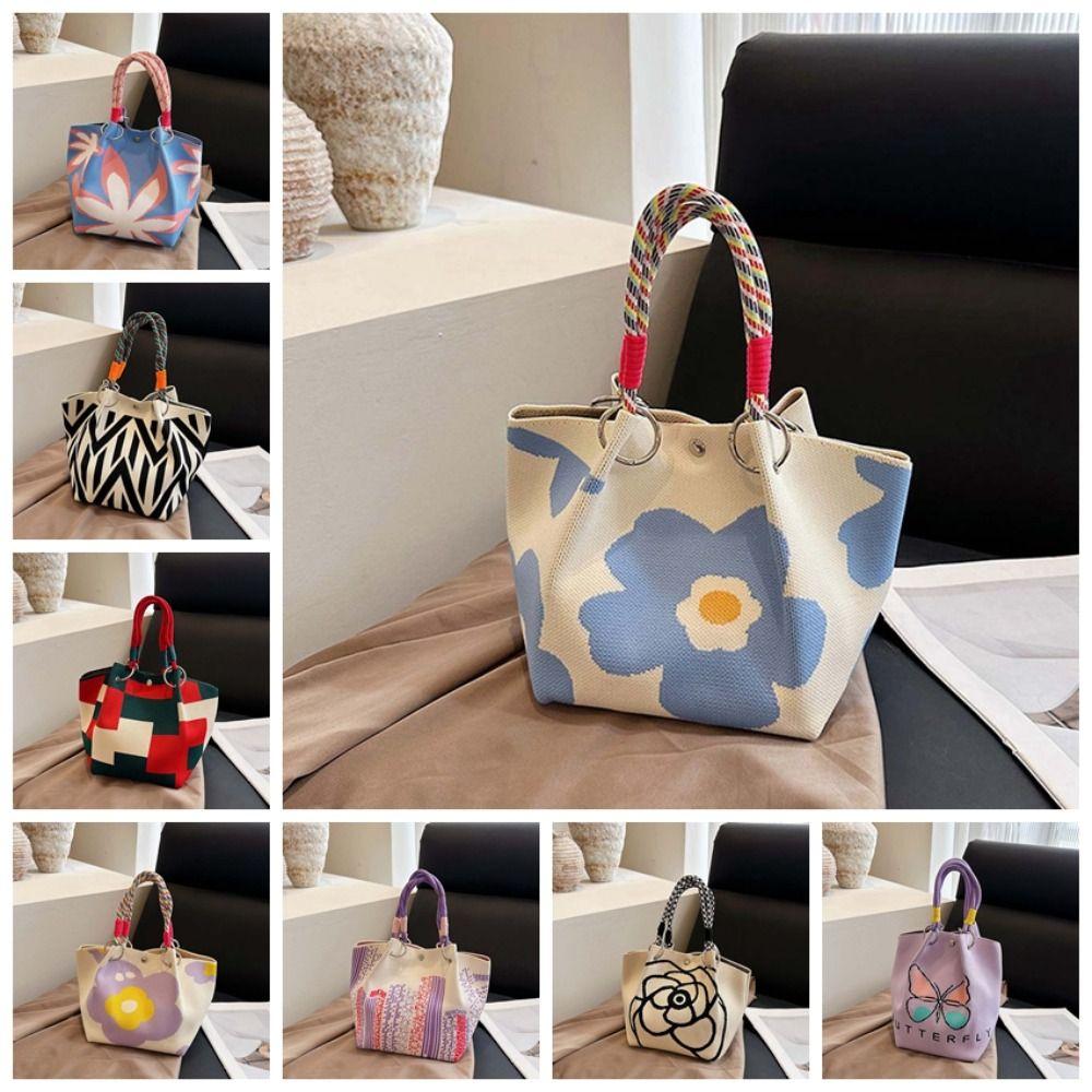 Stripe Women Knitted Handbag Sweet Floral Commuting Pouch High Quality Printed Small Bag  Shopping