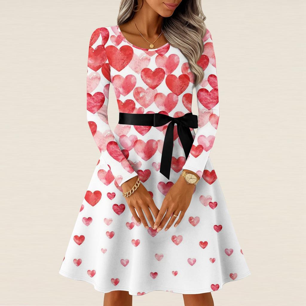 Damen Casual Mode Langarm Vintage Lange Kleider Frühling Valentinstag