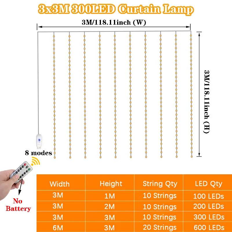 Home Decoration LED Curtain Lights Fairy Christmas Garland On The Window USB 8 Modes Light String Wedding Party New Year 2026