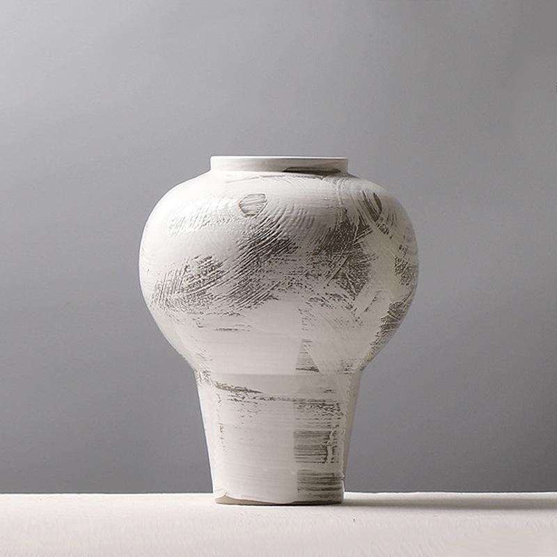 Large Modern Minimalist Chinese Zen White Glazed Art Pottery Vase with Hand-Painted Sweep Stroke Pattern