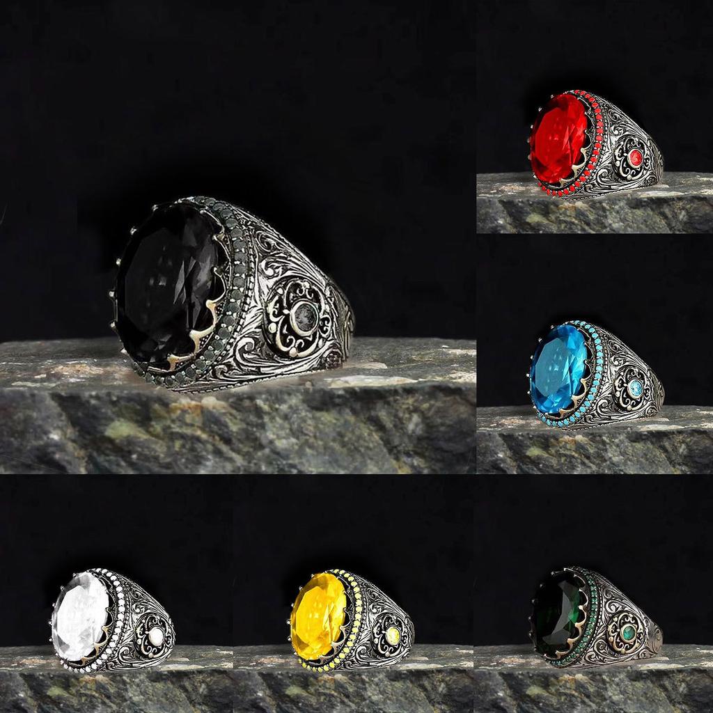 Diamantbesetzter Edelsteinring Herren Persönlichkeit Retro Hip-Hop Graviertes Muster Ring Trendiger Cooler Schmuck
