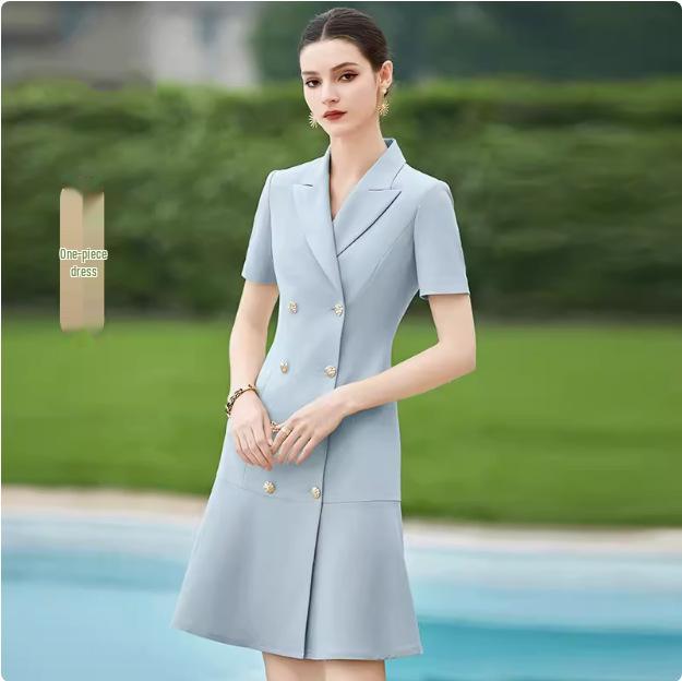 

Chic Double-Breasted Slimming Summer Work Dress with Suit Collar and Short Sleeves XL