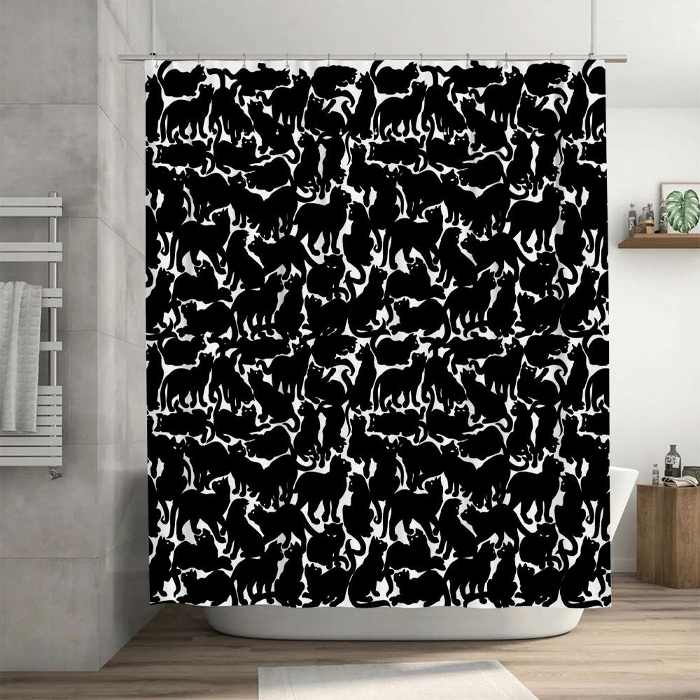 Black White Silhouette Cat Shower Curtain Set for Bathroom Decor Modern Home Accents