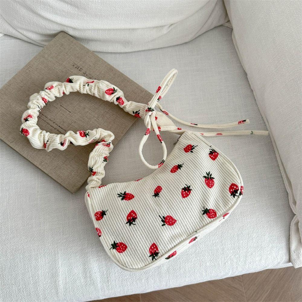 Bolso de Hombro de Gran Capacidad con Estampado de Fresas Dulce Bolso de Axila Bolso Tote de Pana de Moda Mujeres