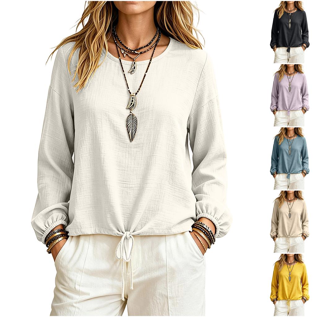 Women's Color Long Sleeve Linen Top, Casual Loose Fit Blouse for Everyday Wear