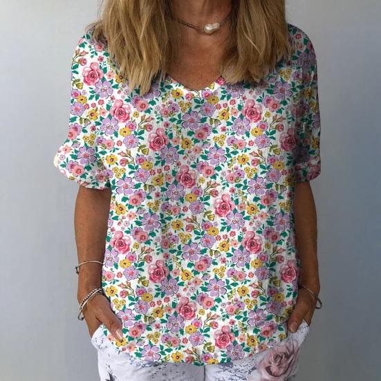 Women T-shirt V-neck Short Sleeve Flower Printed Tee Shirt Loose Fit Dropped Shoulder Sleeve