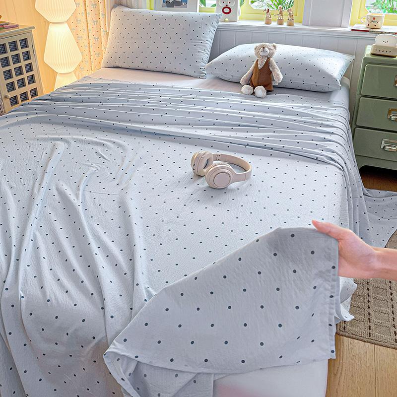 NewFashion Kawaii Pink Polka Dot Fitted Sheet Crinkle Puff Fabric Full‑Wrap Elastic Mattress Cover Girls Bedroom Decor Bed Sheet
