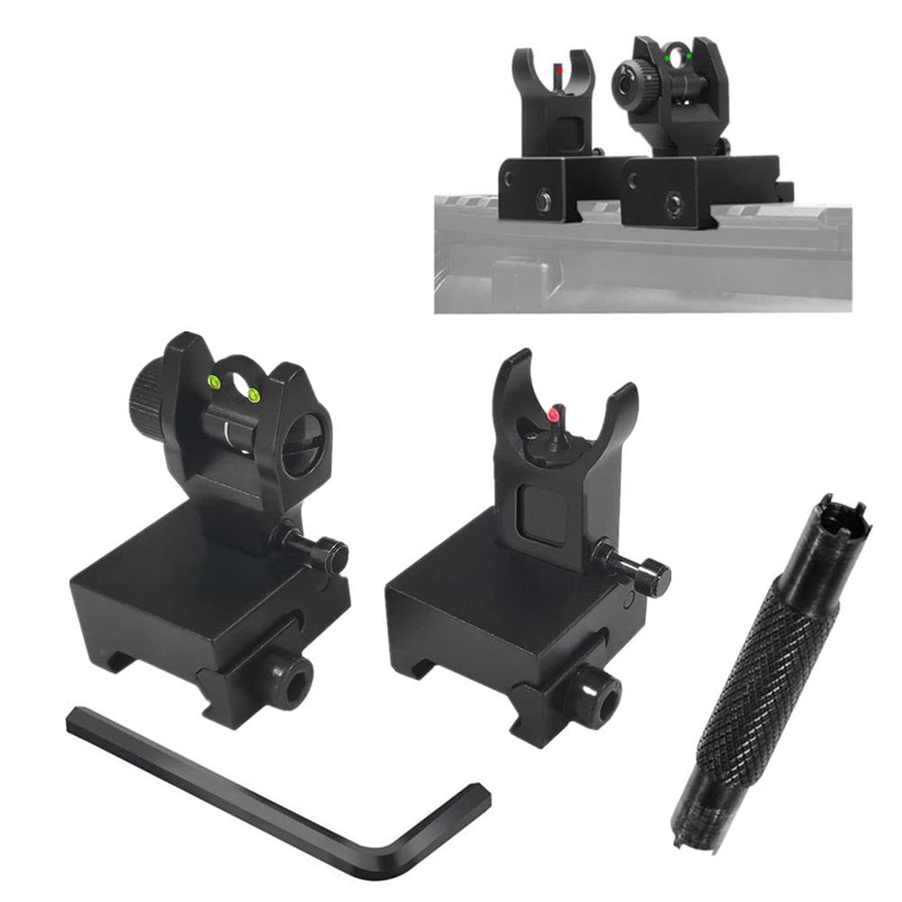 HWZ Tactical Low Fiber Optic Iron Combat Folding Fiber Optic Front and Rear Sight Set with Aiming Set Adjustment Tool (Black)