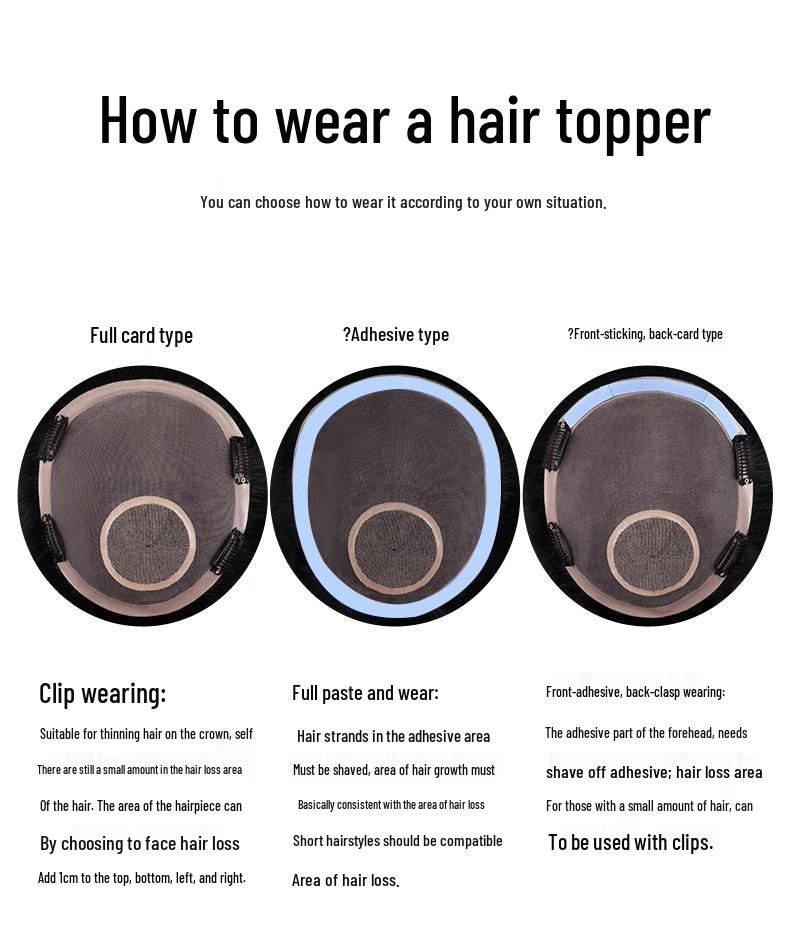 Men's Real Human Hair Short Wig – Invisible Hair Patch, Glue/Clip Option, Trimmed Top Piece