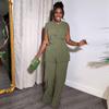 2025 Summer Women's Wear: Stand-up Collar Buttoned Sleeveless Top & Wide-leg Pants Set
