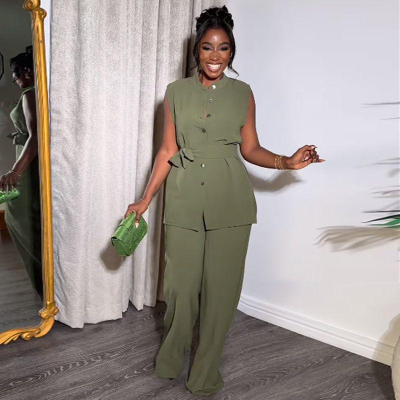2025 Summer Women's Wear: Stand-up Collar Buttoned Sleeveless Top & Wide-leg Pants Set
