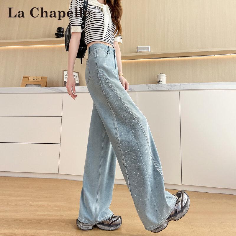 La Chapelle Women s Sky Blue Tencel Wide-Leg Denim Jeans with Rhinestone Detail M