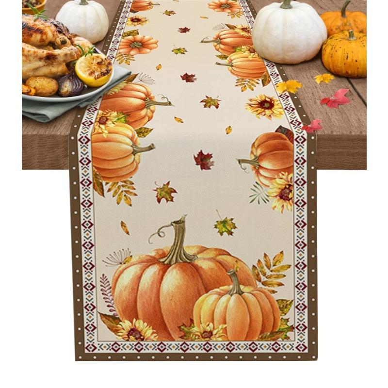 Thanksgiving Pumpkin Printed Table Flag Family Gathering Dinner Pastoral Restaurant Warm Home Decoration Sunflower Maple Leaf Flower Table Runner