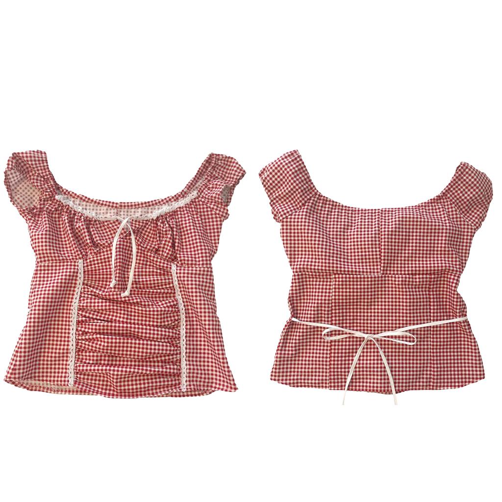 Damen Sommer Basic T-Shirt Lässig zum Binden am Rücken Karoprint Geraffte Kurzarmtops für Streetwear Ästhetische Kleidung