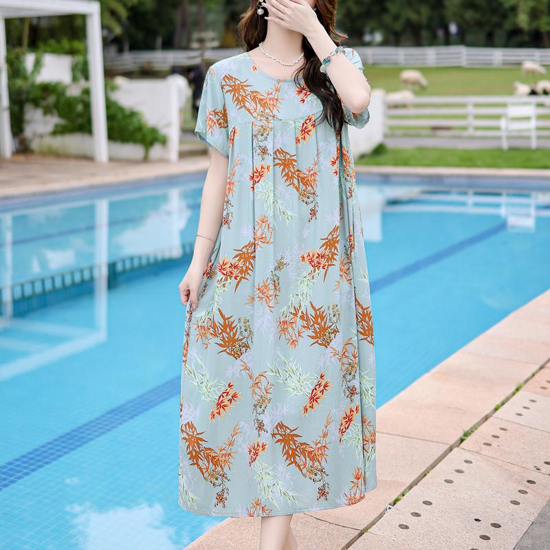 Vintage Print Loose Dresses For Women Plus Size Short Sleeve Casual Long Dress Summer Elegant Middle-aged Women's Clothing
