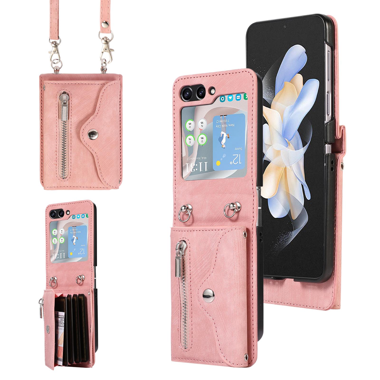 

For Samsung Galaxy Z Flip7 5G Cell Phone Case PU Leather+TPU RFID Blocking Card Slots Cover with 2 Straps Rose Gold