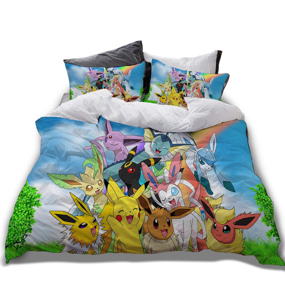 Anime P-Pokémon Printed Bedding Set New Ash Ketchum Pikachu Duvet Cover Comforter Pillowcase Boys Girls Children Adults King Gif