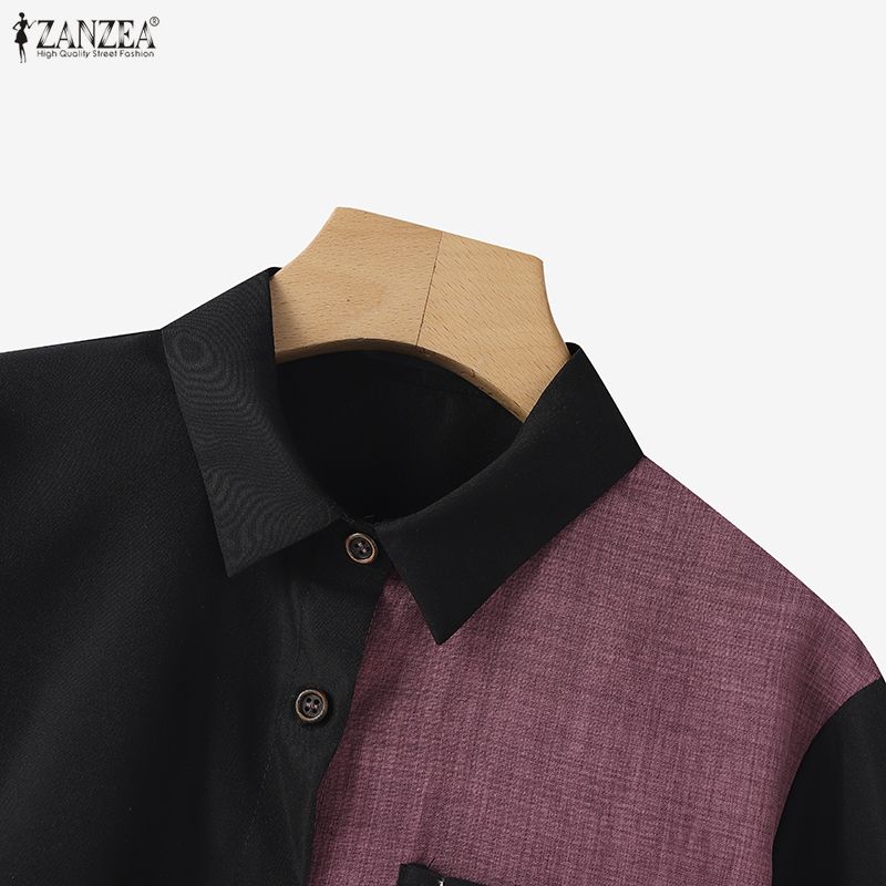 ZANZEA Women Casual Turn Down Collar Long Sleeve Patchwork Blouse