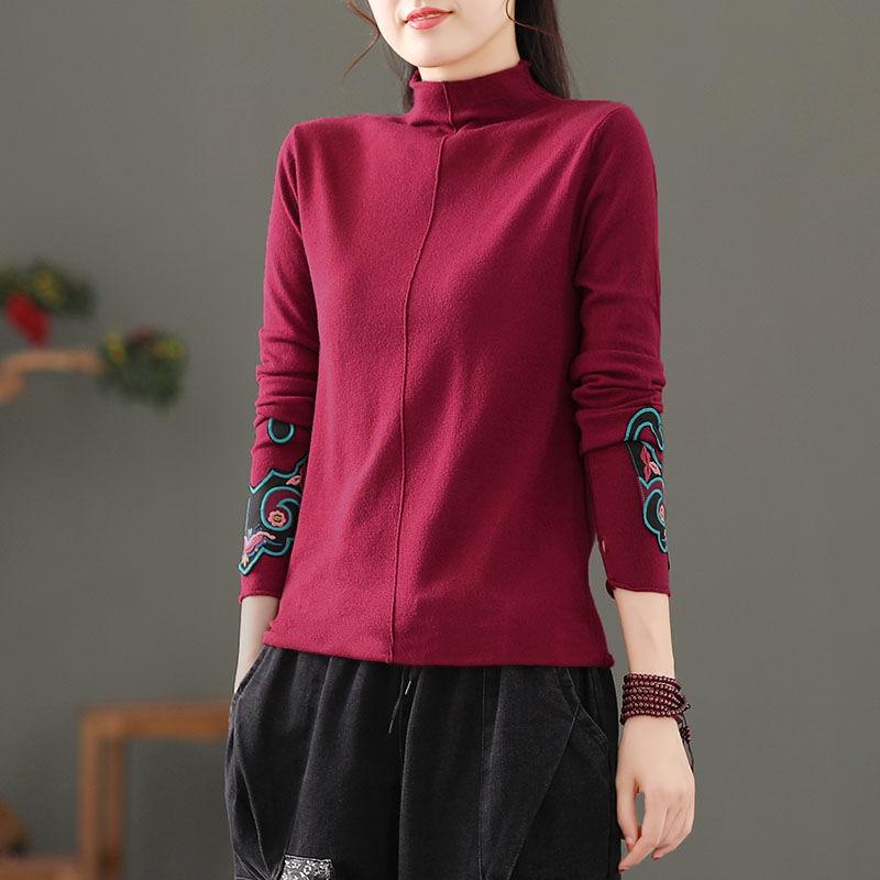 Women's Embroidered T-shirt Loose FlockingThickened Semi-turtleneck T-shirt Autumn Winter Warm Pullover