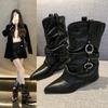 Fashion 2025 Spring and Autumn New Pointed Toe Metal Buckle Pleated Block Heel Side Zipper Mid-leg Boots