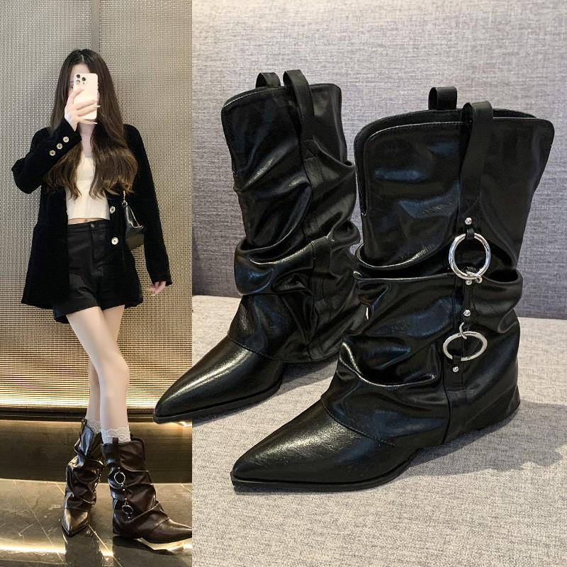Fashion 2025 Spring and Autumn New Pointed Toe Metal Buckle Pleated Block Heel Side Zipper Mid-leg Boots