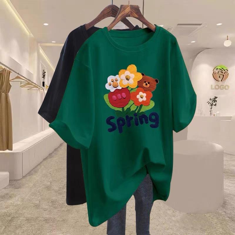 

Fluorescent green t-shirt women s short-sleeved loose pure cotton 2025 new spring and summer medium and long large size color American top XXXL [175-100kg]