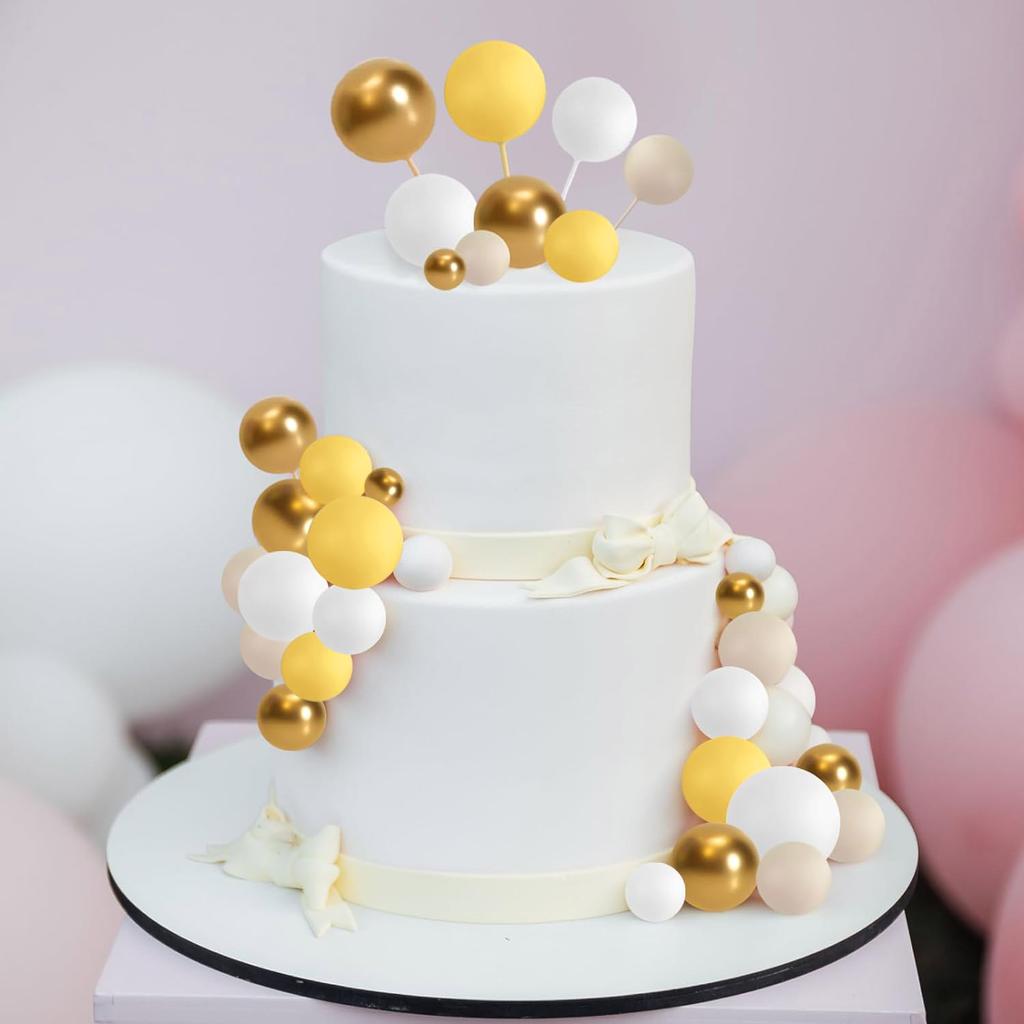 32PCS Boho Gold White Khaki Foam Balls for Cake Decorating DIY Wedding Birthday Party Cupcake Toppers Bridal Shower Decor